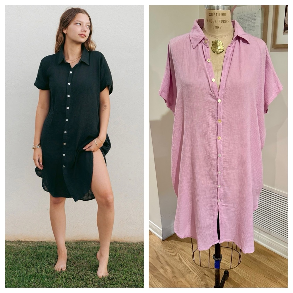 Salt + Sea Gauze Cotton Pink Kahea Shirt Dress Tunic Cover-Up, Medium